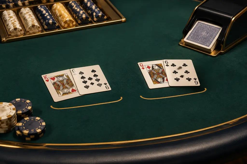Ilustrasi kartu dan shoe pada meja baccarat