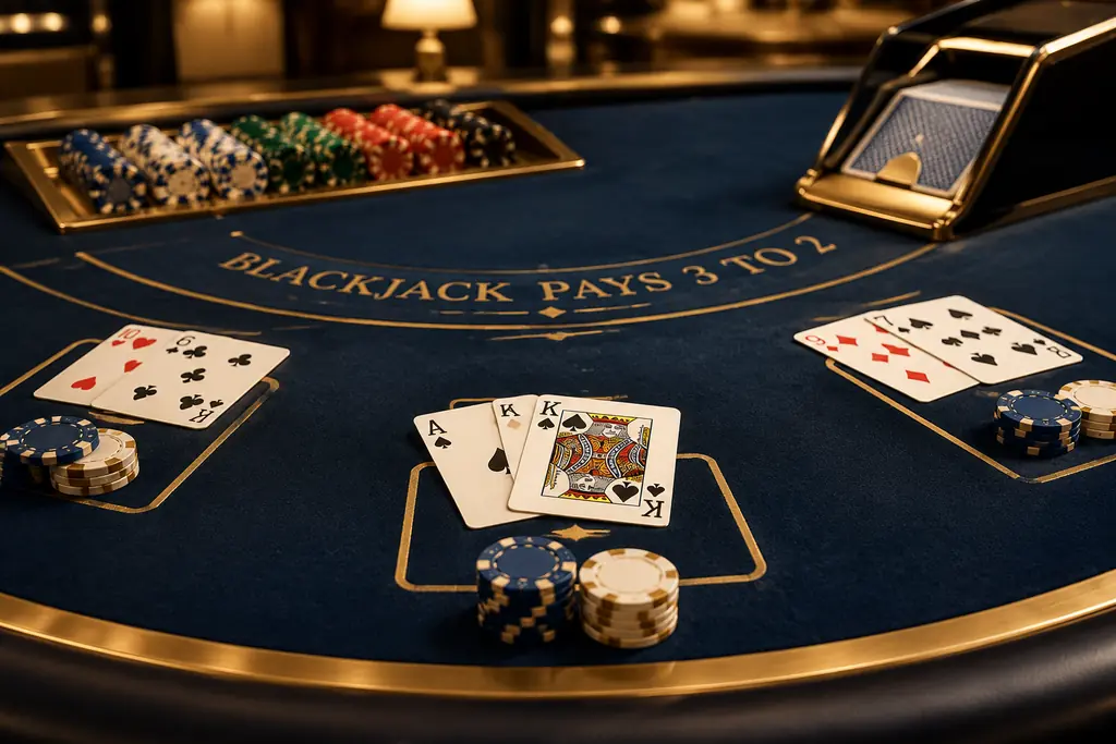 Ilustrasi kartu as dan raja pada meja blackjack