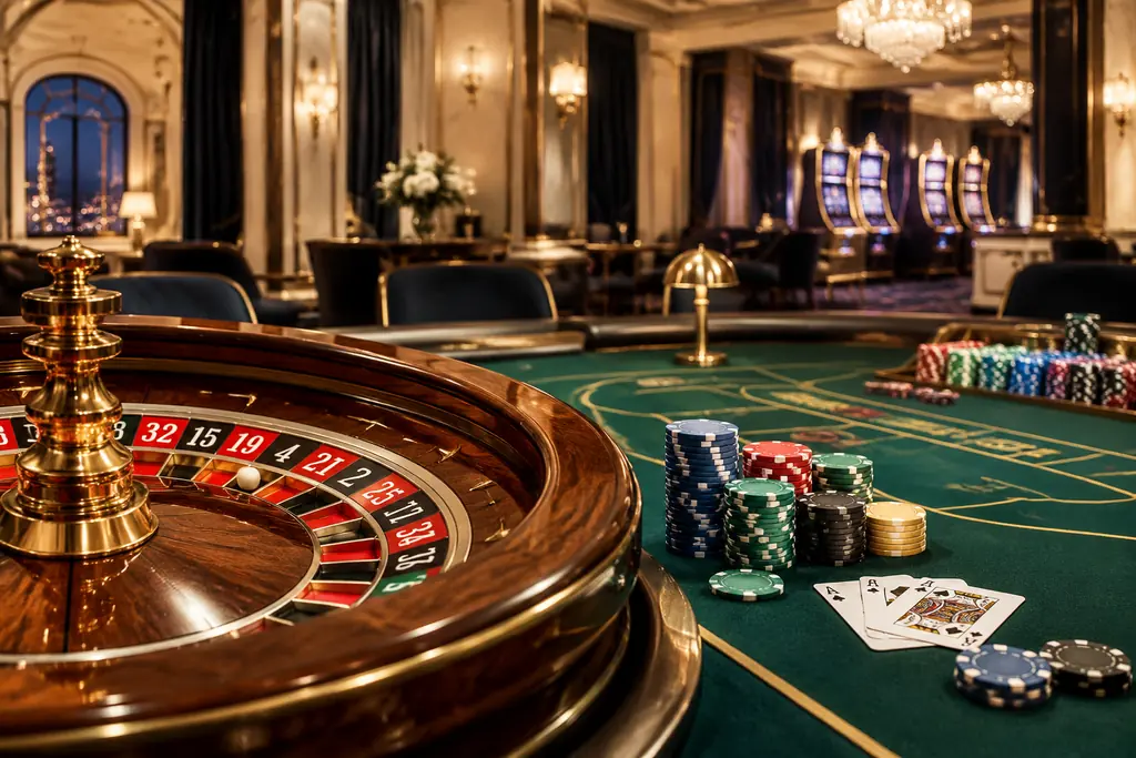 Ilustrasi ruang kasino dengan meja roulette dan kartu dalam cahaya hangat