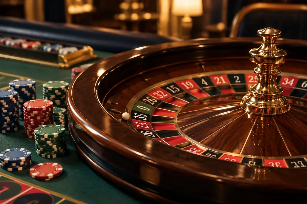 Ilustrasi roda roulette dan chip di meja kasino