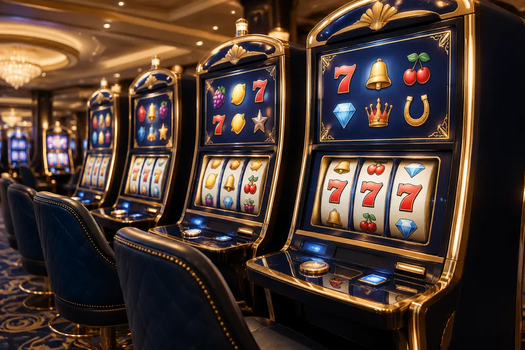 Ilustrasi deretan mesin slot di ruang kasino